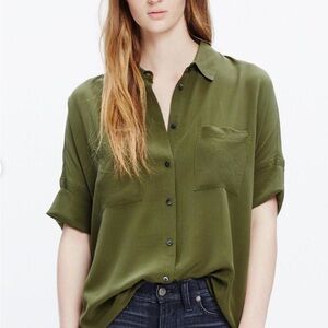 Madewell 100% Silk Olive Green button down shirt